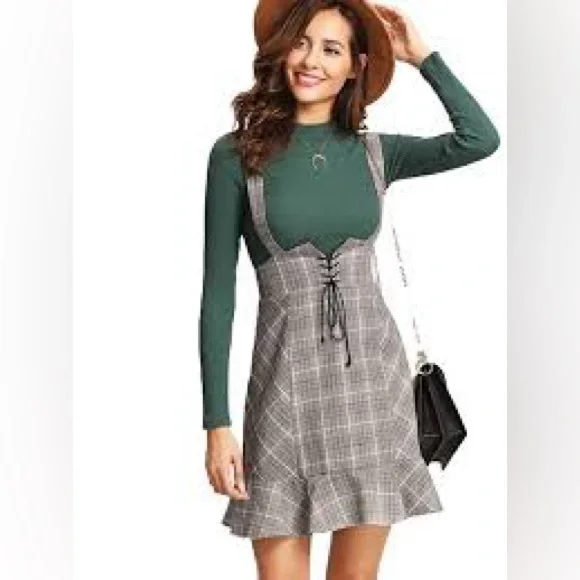2 FOR $20 Shein Pinafore Plaid Over All Dress School Girl Jumper 100% Cotton M - Picture 1 of 10